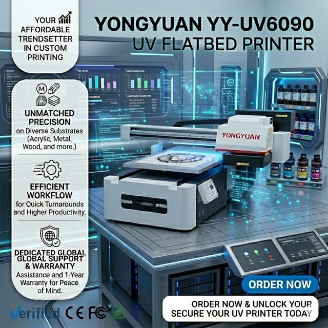 YONGYUAN 6090 UV Inkjet Flatbed Printer Ricoh Print 600mm*900mm UV Ink Automatic Flat Glass Bed Machine for New Phone Cases Flex
