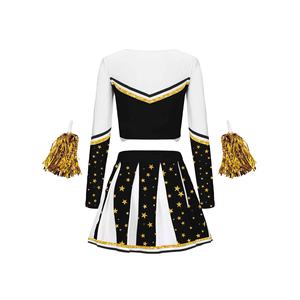 Uniformes de pom-pom girl pour adultes en gros, robe à manches longues et jupes personnalisées avec bordure dorée, uniformes de cheerleading en polyester - Product Image 2
