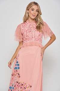 Vestido de Noche Rosa de Gasa con Bordado Floral, Largo Té, Cuello Alto, Cintura Natural, Manga Casquillo de Tul Transparente y Corte en A - Product Image 6