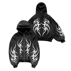 Men's Oversized Hooded Zipper Sweatshirt Black White Tribal Print Casual Fit Regular Sleeve French Terry Polyester Autumn Wear - Product Image 1