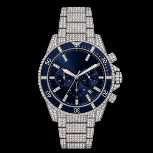 Montre chronographe de luxe avec cadran bleu serti de diamants CZ, en acier inoxydable, style hip-hop pour hommes - Product Image 1