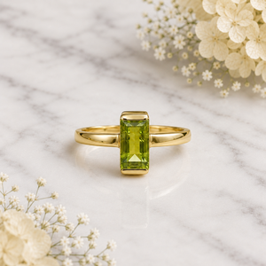 Bezel Setting <b>Peridot</b> Fine <b>Ring</b> Solid 925 Sterling Silver Yellow <b>Gold</b> Plated Smooth Band Classic Women <b>Ring</b> 4x8 mm Baguette - Product Image 1