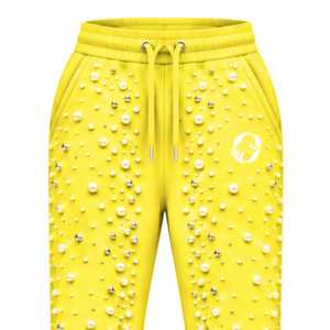 Custom Lemon Yellow Pearl Beaded <b>Jogger</b> Pants <b>Women</b> Luxury Embellished Drawstring Sweatpants Casual Streetwear <b>Fleece</b> Bottoms - Product Image 3