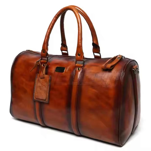 Vintage <b>Genuine</b> Leather Duffel Bag Soft Shell Oval Shape Zipper Closure Travel Use Unisex Brown Color - Product Image 5