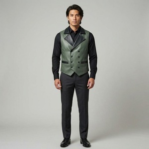 Chaleco de Cuero Genuino Verde para Hombre, Chaleco Cruzado con Cuello Negro, Trajes Formales - Product Image 2