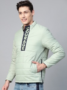 Men's <b>Light</b> Green Puffer <b>Jacket</b> Stand Collar Zipper Front Casual Autumn Wear Solid Color Slim Fit Windproof Polyester Wadding - Product Image 2