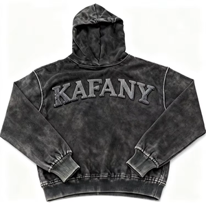 เสื้อฮู้ดดี้ผู้ชายทรงปกติ ดีไซน์กระเป๋าผ้าฟลีซ คุณภาพสูง ผลิตตามสั่ง ผ้าฝ้าย 100% ปักลายแบบแพทช์เวิร์ค ล้างสีให้ดูวินเทจ - Product Image 4