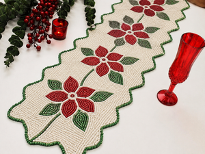 Handmade Beaded Christmas Table <b>Runner</b> Fabric Irregular Shape Red Floral Design <b>Green</b> Leaves Holiday Decoration - Product Image 3
