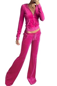 Nuevo Diseño, Conjunto Deportivo de Color Rosa Liso, Top Corto y Pantalones Jogger Ajustados, Traje Deportivo para Correr, Pantalones Acampanados de Terciopelo - Product Image 3