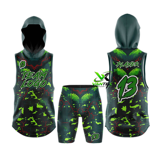 Ensemble maillot et short sans manches à capuche rose et vert pour homme, 100 % polyester, personnalisable par sublimation Vantex Sports - Product Image 4