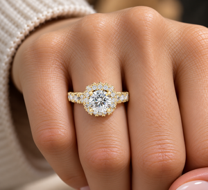 Bague Solitaire en Or 14K 18K avec Diamant de Laboratoire Taille Ronde et Double Halo Floral 1.40Ct DEF VVS, Bijoux Fins, Bague d'Anniversaire, ODM - Product Image 2