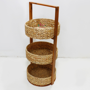 Three Tier Rattan Storage Rack with Wooden Frame Round Baskets for Home Organization <b>Rustic</b> Style Handmade - Product Image 2