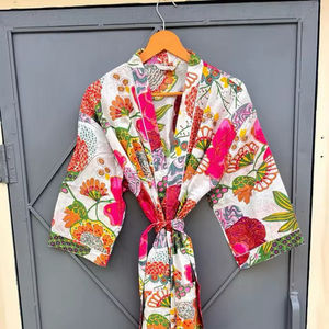 ชุดกิโมโนผ้าฝ้ายลายดอกไม้ พิมพ์ลายด้วยมือ ขนาดเดียว ชุดคลุมสำหรับเพื่อนเจ้าสาว ชุดคลุมอาบน้ำผ้าฝ้ายสำหรับฤดูร้อน ของขวัญ - Product Image 2
