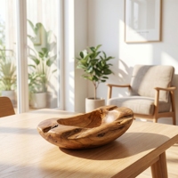 Nieuwe moderne minimalistische handgemaakte ecovriendelijke teakhouten oplaadplaat met natuurlijke live edge, rustieke bruiloft decoratieve fruitschaal