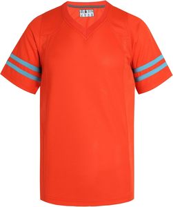 Orange V-Neck Short Sleeve Sport Jersey With Blue Stripes Quick Dry Polyester Casual Shirt Summer Wear - Product Image 1