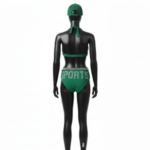 ชุดบิกินี่ผู้หญิงสีเขียวมรกต ผ้าไนลอนผสมสแปนเด็กซ์แบบริบ พรีเมียม GSM พร้อมโลโก้คริสตัลแบบรีดร้อน - Product Image 2