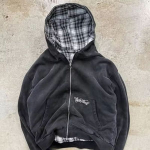 Sudadera con capucha a cuadros vintage con diseño personalizado con cremallera, doble capa, franela en el interior y algodón French Terry en el exterior - Product Image 2