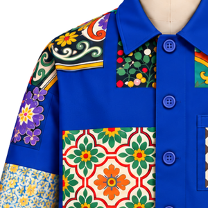 Chaqueta de Trabajo Azul Rey con Mosaico, Estampado Floral Colorido, Cierre de Botones, Estilo Casual Urbano, con Bolsillos Grandes - Product Image 6