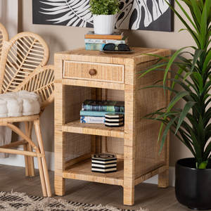 Table de chevet moderne bohème à 1 tiroir en bois d'acajou et rotin naturel Meuble élégant et chic - Product Image 6
