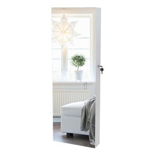 Specchio da Parete Bianco a 4 Livelli con 8 Luci LED Blu, 2 Cassetti e Specchio Interno per Gioielli, Cornice in Legno - Product Image 1