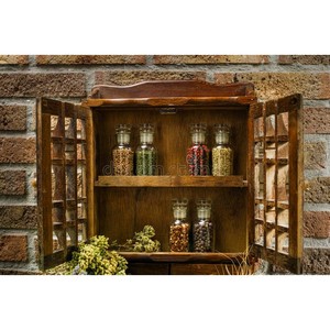 Étagère à épices vintage en bois de pin avec bocaux en verre - Organisateur de rangement de cuisine rustique en gros - Product Image 3