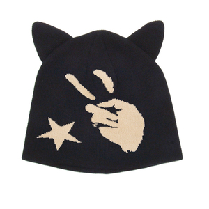 Unisex Solid Color Knit Beanie Hat With Cat Ears 100% Acrylic <b>Winter</b> <b>Cap</b> Casual Style For Adults Black - Product Image 4