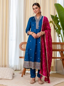 Blue Silk Blend Salwar Kameez with Pink Dupatta Embroidered Traditional Indian Wear for Women <b>Ankle</b>-Length Regular Fit Anarkali - Product Image 2