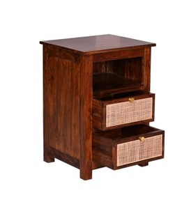 Modern Wood Nightstand With Rattan Weave Drawers 2 Drawer Bedroom Furniture Midcentury Design <b>Storage</b> <b>Side</b> <b>Table</b> - Product Image 3