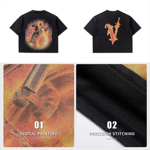 Oversized <b>Black</b> T-Shirt Men Street Style O-Neck Short Sleeve Digital Print Flame Letter V Pattern Jersey Knitted Cotton - Product Image 6