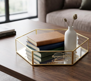 Elegant ACME METAL Hexagon Glass Storage <b>Tray</b> <b>Mirrored</b> Finish <b>Gold</b> Frame Minimalist Design for Table Use - Product Image 5
