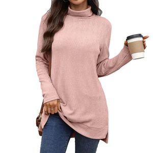 Women's Casual Long Sleeve T-Shirt Crewneck Collar Fall Side Split Solid Color 100% Merino Wool Button Diamonds Customizable - Product Image 1