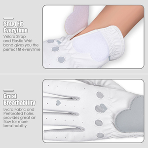 Gants de golf blancs pour femmes, demi-doigts, avec motif cœur rose, en cuir microfibre, à enfiler, pour le sport - Product Image 6