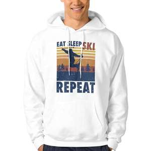 Premium Ski Hoodie Eat Sleep Ski <b>Repeat</b> Retro Sunset Graphic Winter Sports Sweatshirt Unisex Thermal Warm Snowboarding Pullover - Product Image 1