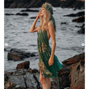 Robe longue d'été bohème verte unie brodée sans manches, dos nu, coupe classique, taille naturelle, 100 % coton, haute qualité - Product Image 1