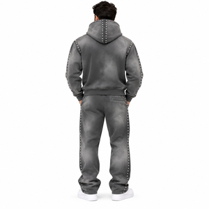 Men's Charcoal Gray Studded Zip Up Hoodie Tracksuit Set Washed Streetwear Jacket & <b>Wide</b> <b>Leg</b> <b>Jogger</b> Pants - Product Image 4