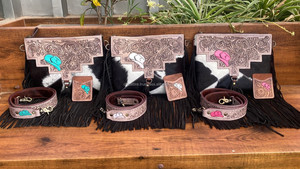 2025 nouveauté femmes usiné à la main en cuir Turquoise chapeau sacs à bandoulière et cuir usiné à la main poche ouverte porte-cartes ensembles - Product Image 2