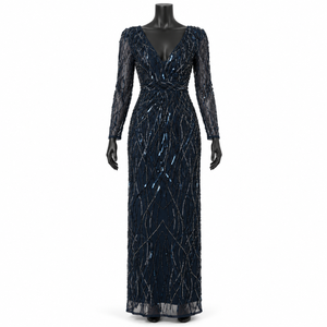 Robe de soirée bleu marine géométrique à perles avec décolleté en V profond |   Robe fourreau ajustée à manches transparentes pour les soirées et événements formels - Product Image 1