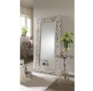 Luxury Handcrafted Solid Wood Floor <b>Mirror</b> Frame Ornate Royal Floral Scroll Carving Silver Finish - Product Image 6