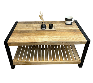 Table basse industrielle en bois de manguier massif et métal avec pieds en fer noir thermolaqué, élégante et pliable pour salon - Product Image 5