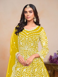 Traje Anarkali Moderno Bordado en Tela de Red, Semi-Cosido, para Bodas y Fiestas Diwali, Largo hasta el Suelo - Product Image 5