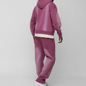 Men's Pink Hooded Tracksuit Full <b>Zip</b> Sweatshirt and Pants Set Casual Loose Fit Solid Color Breathable Polyester Autumn Wear - Product Image 2