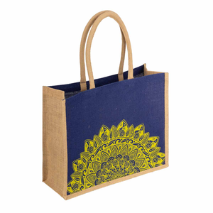 Boho Jute Shopping <b>Bag</b> With Yellow Mandala Print <b>Medium</b> <b>Size</b> Top Handle Reusable Tote For Grocery And Everyday Use - Product Image 1