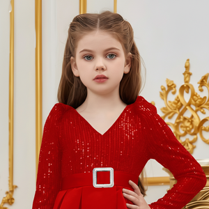 Robe rouge personnalisée pour fille d'honneur, en velours, avec broderie de fleurs à paillettes, manches longues, col en V, robes de princesse pour enfants, vêtements formels de luxe pour enfants - Product Image 5