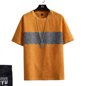 T-shirt homme gris moutarde en tissu respirant, imprimé sur la poitrine, à rayures, manches courtes, style décontracté streetwear, coupe ample, vêtement tendance - Product Image 1