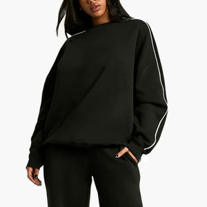 Custom Logo Women Crewneck Sweatshirt Contrast Stripe Sleeve Oversized Pullover Long Sleeve Cotton Blend Fleece Casual - Product Image 4