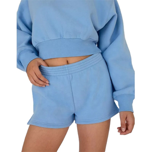Ensemble de sweat-shirt à capuche bleu clair pour femmes, manches longues, couleur unie, tricot en coton, short assorti, tenue décontractée pour le printemps et l'été - Product Image 2