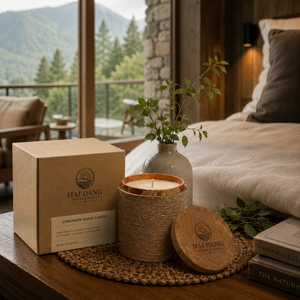 Bougie parfumée artisanale en cire de soja à la cannelle du Vietnam, avec support en bois naturel, vente en gros - Product Image 3