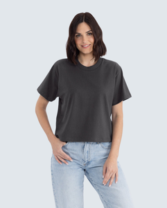 Haut court noir à col rond pour femme, manches courtes, coupe ample, couleur unie, décontracté, printemps-été, tissu jersey 100% coton - Product Image 1