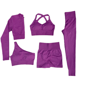 Purple 5-Piece <b>Yoga</b> <b>Set</b> With Crisscross Straps Ruched Butt High Waist Seamless Spandex Gym Fitness Wear - Product Image 2