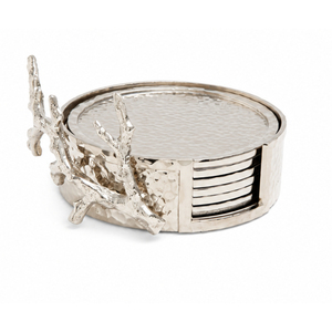 Sous-verres artisanaux en métal argenté martelé avec support en forme de branche de corail, sous-verres ronds en acier inoxydable pour hôtels - Product Image 1
